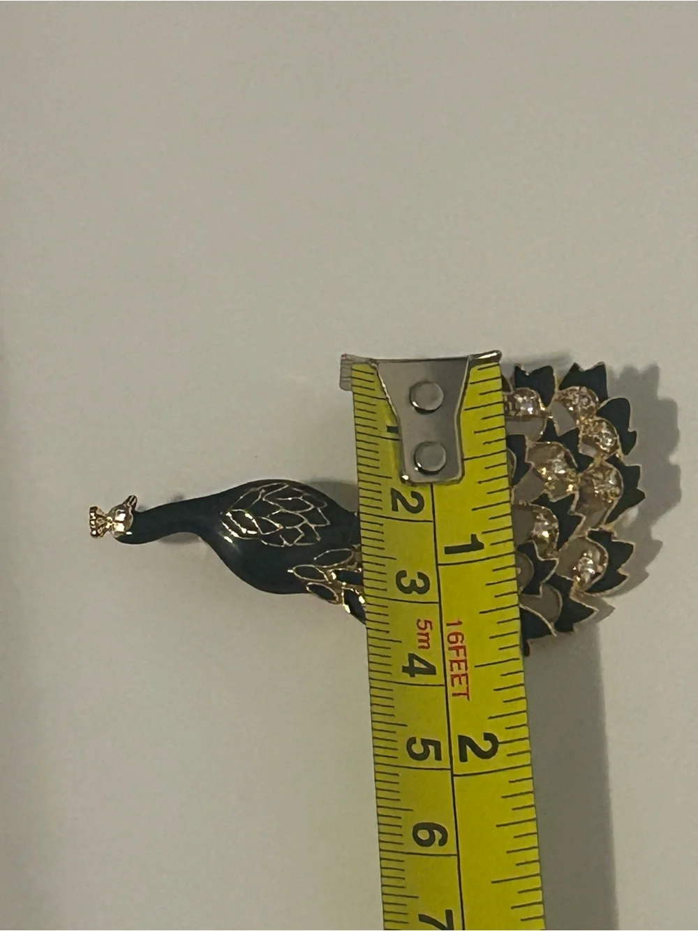 Vintage Peacock Animal Black Enamel Gold And Clear Rhinestone Brooch Pin
